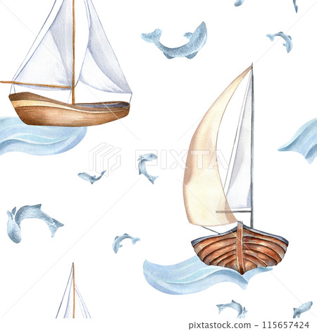 Sailing ship on waves and small fish hand drawn by seamless pattern. Seafaring in watercolor nautical design textile. Fishes and boat on background isolated. Element for packaging, marine products Sailing ship on waves and small fish hand drawn by seamless pattern. Seafaring in watercolor nautical design textile. Fishes and boat on background isolated. Element for packaging, marine products 115657424