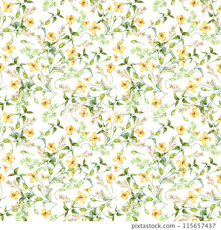 Yellow medicinal flowers, nettle in watercolor seamless pattern isolated on white. Celandine and urtica dioica in sketch. Medicinal plant, floral print hand drawn. Design for label, package, postcard 115657437