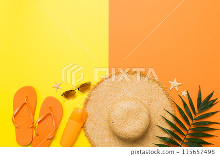Top view travel or vacation concept. Composition with stylish beach accessories on colored background, top view. Beach fashion flat lay, summer concept. Trendy colors 115657498