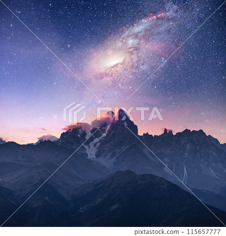 Fantastic starry sky. Snow-capped peaks. Main Caucasian Ridge. Courtesy of NASA. Mountain View from Mount Ushba Meyer, Georgia. Europe Fantastic starry sky. Snow-capped peaks. Main Caucasian Ridge. Courtesy of NASA. Mountain View from Mount Ushba Meyer, Georgia. Europe 115657777