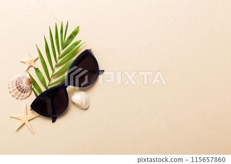 sunglasses with seashell lying on table background. Sunglasses on summer background. Top view flat lay with copy space for text sunglasses with seashell lying on table background. Sunglasses on summer background. Top view flat lay with copy space for text 115657860
