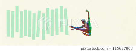 Contemporary art collage. Athletic man in neon light leaping in mid-air to ruin green blocks, as obstacles. Pastel color scheme. 115657963