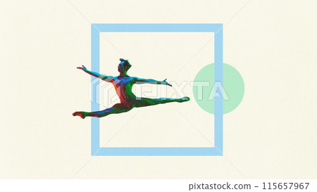 Contemporary art collage. Young athletic man, ballet dancer leaping from huge square frame against pastel colored background. 115657967