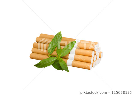 Menthol cigarettes and fresh mint leaves on colored background, Many cigarettes stacked together top view flat lay Menthol cigarettes and fresh mint leaves on colored background, Many cigarettes stacked together top view flat lay 115658155