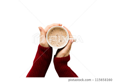 Minimalistic style woman hand holding a cup of coffee on Colored background. Flat lay, top view cappuccino cup. Empty place for text, copy space. Coffee addiction. Top view, flat lay 115658160