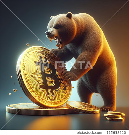 Create a three-dimensional illustration Bitcoin coin and bear Refers to the word "bear market", a period in which the Bitcoin market has a highly volatile price. 115658220