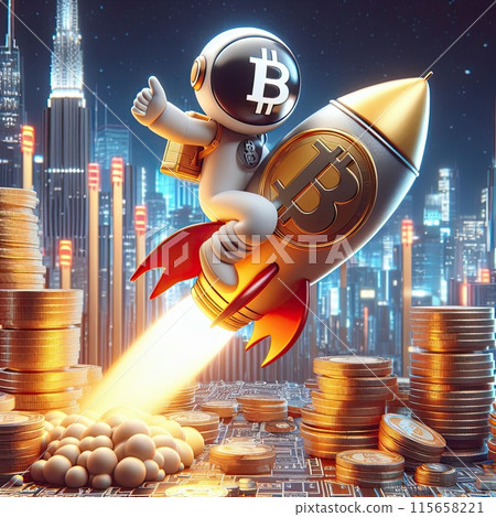 Create a three-dimensional illustration Bitcoin coin and rocket Refers to the period when the price of Bitcoin skyrocketed. 115658221