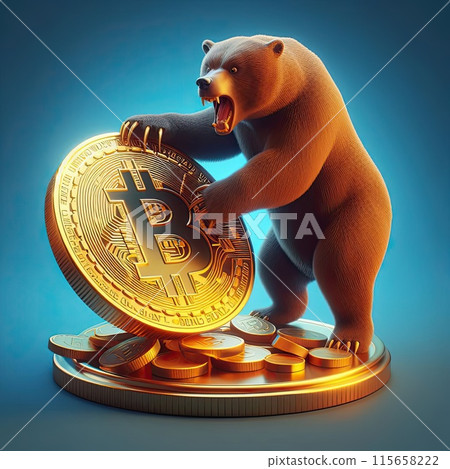Create a three-dimensional illustration Bitcoin coin and bear Refers to the word "bear market", a period in which the Bitcoin market has a highly volatile price. 115658222