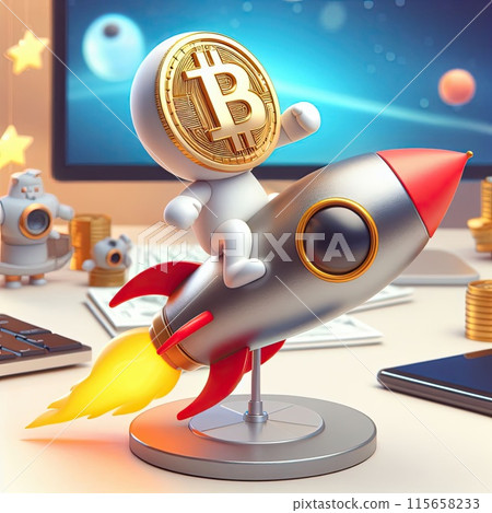 Create a three-dimensional illustration Bitcoin coin and rocket Refers to the period when the price of Bitcoin skyrocketed. Create a three-dimensional illustration Bitcoin coin and rocket Refers to the period when the price of Bitcoin skyrocketed. 115658233