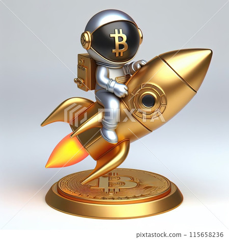 Create a three-dimensional illustration Bitcoin coin and rocket Refers to the period when the price of Bitcoin skyrocketed. Create a three-dimensional illustration Bitcoin coin and rocket Refers to the period when the price of Bitcoin skyrocketed. 115658236
