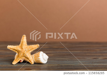 Summer time concept with sea shells or starfish on a table background with copy space for text 115658285