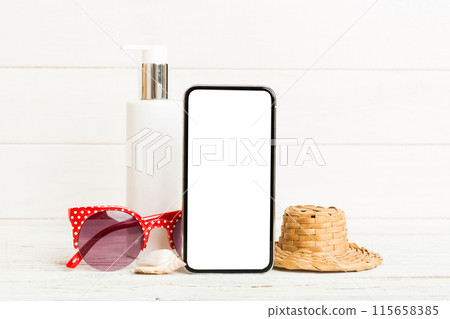 Smartphone mock up template with summer objects. Perspective view with copy space for text Smartphone mock up template with summer objects. Perspective view with copy space for text 115658385