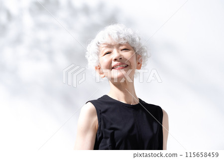 Beauty Sunshine Gray Hair Woman Beauty Sunshine Gray Hair Woman 115658459