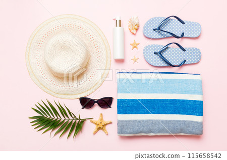 Top view travel or vacation concept. Composition with stylish beach accessories on colored background, top view. Beach fashion flat lay, summer concept. Trendy colors 115658542