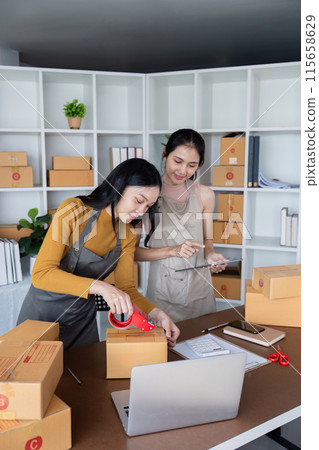 Friends Working Together to Sell Product Online, Packing Boxes and Using Laptop in Modern Home Office 115658629