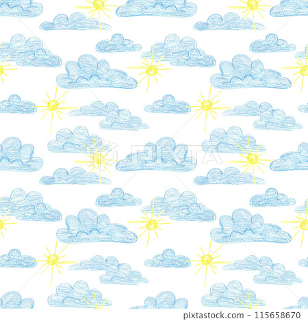 Hand drawn wax crayon sky drawing seamless pattern isolated on white background. Illustration can be used for textile, scrapbook and other printed products. 115658670