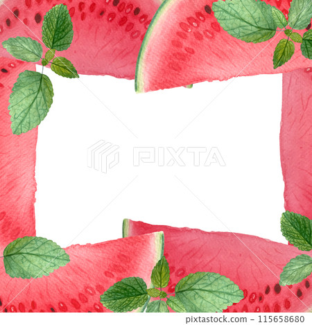 Watermelon juicy slices with mint summer frame. Watercolor isolated on white, hand drawn for food design. Packages, juice, smoothie, menu, organic food ads, ice cream, label, refreshments and drinks Watermelon juicy slices with mint summer frame. Watercolor isolated on white, hand drawn for food design. Packages, juice, smoothie, menu, organic food ads, ice cream, label, refreshments and drinks 115658680