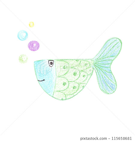 Hand drawn wax crayon green fish with baubles drawing. Marine illustration can be used for card, scrapbook and other printed products. Hand drawn wax crayon green fish with baubles drawing. Marine illustration can be used for card, scrapbook and other printed products. 115658681