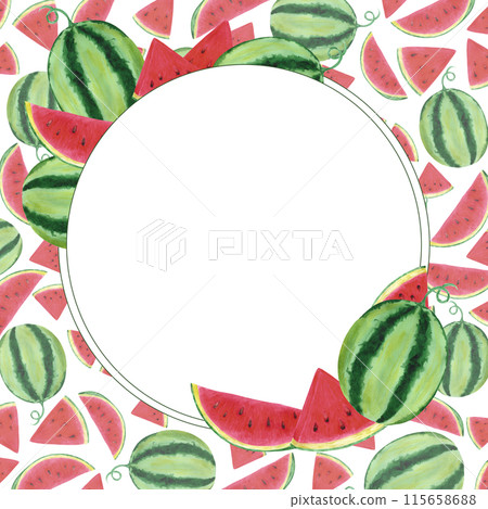 Hand drawn watercolor watermelon with slices frame border isolated on white background. Can be used for post card, label, scrapbook and other printed products. 115658688
