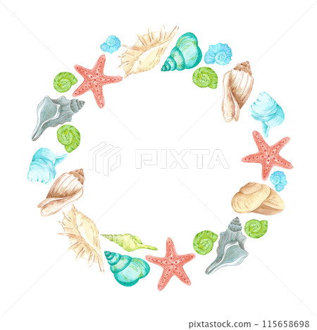 Hand drawn watercolor seashells wreath frame border isolated on white background. Marine illustration can be used for card, label, invitation and other printed products. 115658698