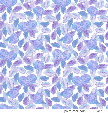 Hand drawn watercolor purple walnut with leaves seamless pattern isolated on white background. Can be used for textile, fabric, wrapping and other printed products. 115658706