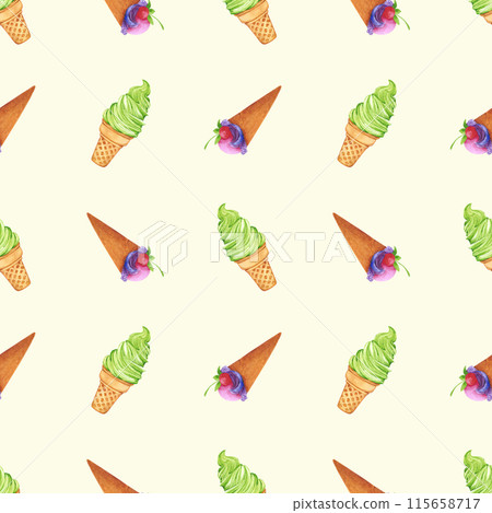 Hand drawn watercolor ice-cream cone seamless pattern isolated on white background. Can be used for textile, fabric, wrapping and other printed products. Hand drawn watercolor ice-cream cone seamless pattern isolated on white background. Can be used for textile, fabric, wrapping and other printed products. 115658717