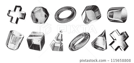 3D photocopy effect shape set, retro futuristic grunge object, abstract noise texture y2k element.  115658808