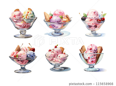 Bowl of Ice Cream, Ice Cream Illustration. Watercolor Style. AI Generated 115658908