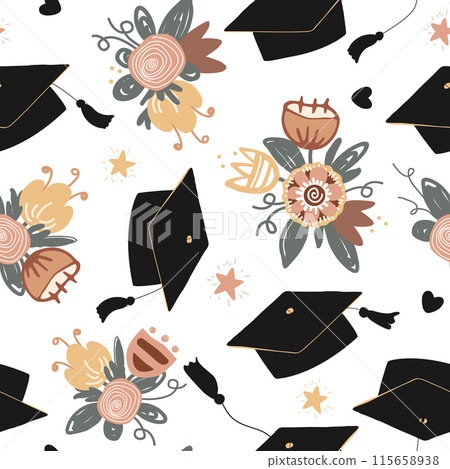 Cute graduation caps, stars, and flower bouquets seamless pattern. Mortarboard, high education and graduation doodle background. Vector illustration Cute graduation caps, stars, and flower bouquets seamless pattern. Mortarboard, high education and graduation doodle background. Vector illustration 115658938