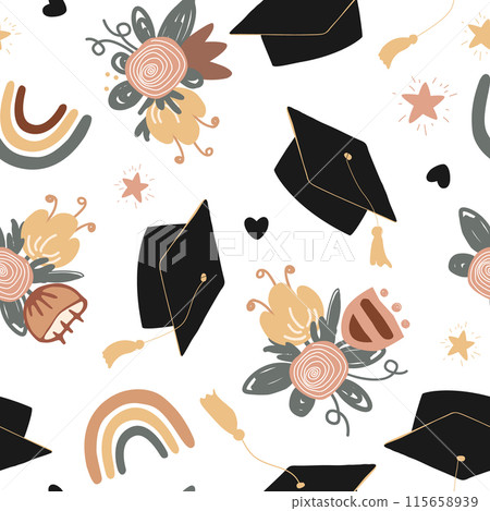 Cute graduation caps, rainbows, and flower bouquets seamless pattern. Mortarboard, high education and graduation doodle background. Vector illustration Cute graduation caps, rainbows, and flower bouquets seamless pattern. Mortarboard, high education and graduation doodle background. Vector illustration 115658939