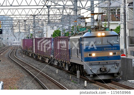 A long freight train on the Tokaido Line, early in the morning, passing JR Sojiji Station 115658966