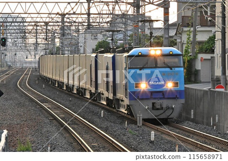 Early morning Tokaido Main Line JR Sojiji Station Super Rail Cargo high-speed freight train 115658971