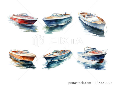 Cute watercolor painting style illustration of Speed Boat, isolated on white background 115659098