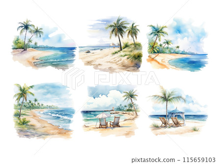 Cute watercolor painting style illustration of Beach, isolated on white background 115659103