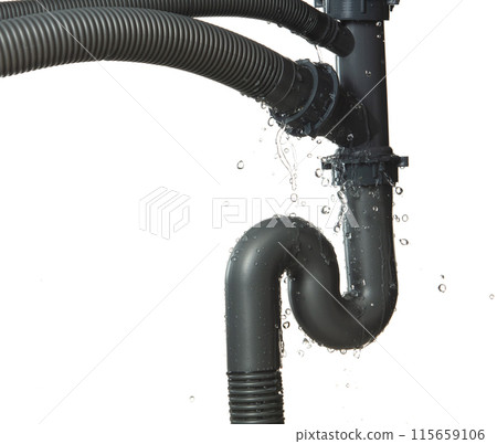 Leaking water from gray plastic pipe under sink. Drain leak water from pipe plumbing in bathroom as water clogged drop. White background isolated 115659106