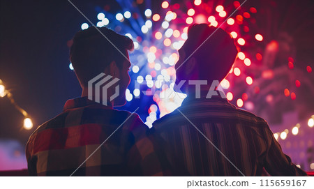 A couple of young gay men watch fireworks in the colors of the American flag. 115659167