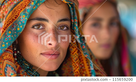 Timkadin Festival. Berber people from surrounding villages and communities come together to celebrate heritage, wearing traditional attire, dances and music performances, sharing cultural traditions. 115659200