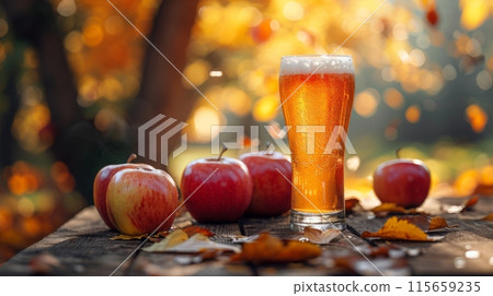 Cider . a glass of cider with fresh apples stands on an old wooden table, against the backdrop of a yellow morning fall forest, scattered magical light 115659235