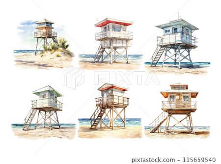 Cute watercolor painting style illustration of Lifeguard Stand, isolated on white background 115659540