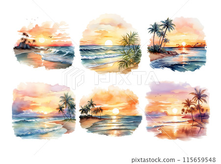 Sunset, Summer Illustration. Watercolor Style. Sunset, Summer Illustration. Watercolor Style. 115659548
