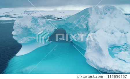 Large iceberg floats in Antarctica ocean, huge towering frozen arch cave with blue ice melting underwater. Climate change at polar glaciers winter landscape. Aerial drone panorama Large iceberg floats in Antarctica ocean, huge towering frozen arch cave with blue ice melting underwater. Climate change at polar glaciers winter landscape. Aerial drone panorama 115659567
