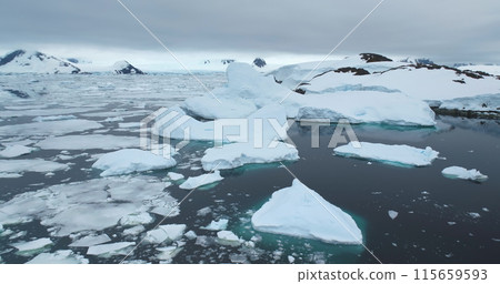 Crashed ice floating polar ocean coastline in Antarctica. Many small icebergs melting cold water surface. Majestic winter Antarctic glacier. Polar ocean coast nature mountain beauty. Aerial drone shot 115659593