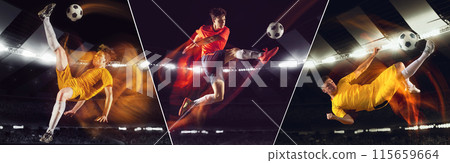 Collage. Young men, soccer players in red and yellow uniform in mid-air pose, hitting ball in motion on stadium with flashlights. Collage. Young men, soccer players in red and yellow uniform in mid-air pose, hitting ball in motion on stadium with flashlights. 115659664
