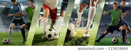 Collage. Two competitive young men, soccer players in motion during intense game, playing on stadium, competing. Collage. Two competitive young men, soccer players in motion during intense game, playing on stadium, competing. 115659669