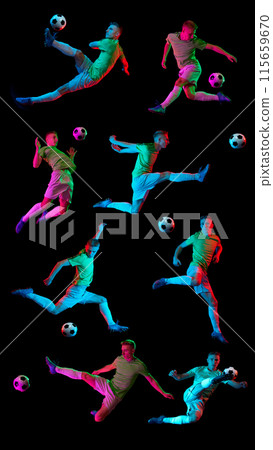 Set. Young man, soccer player in mid-air posed, training, hitting ball in motion isolated on black background in neon light. Vertical collage 115659670
