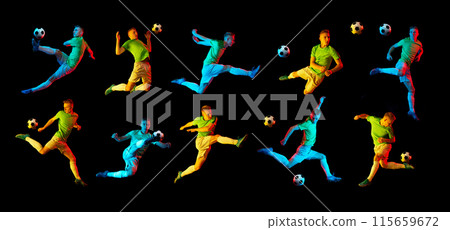 Set, collage. Young man, soccer player in mid-air training, hitting ball in motion isolated on black background in neon light. 115659672