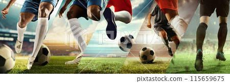 Cropped images of male feet, soccer players in motion on stadium during game, competing for victory. Collage. 115659675
