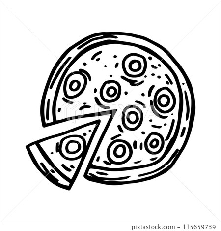 Pizza circle divided into pieces, drawing in sketch style. black and white graphics, engraving Pizza circle divided into pieces, drawing in sketch style. black and white graphics, engraving 115659739