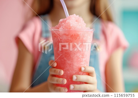 Happy child gripping a pink slushie cup, refreshing during summer 115659755