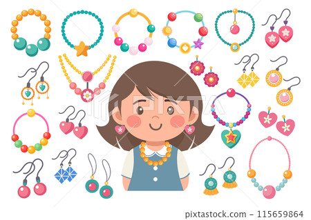 Kids jewelry set. Colorful handmade bracelets, earrings and necklaces with plastic beads, stars, hearts, flowers. Illustration in flat style. Vector Kids jewelry set. Colorful handmade bracelets, earrings and necklaces with plastic beads, stars, hearts, flowers. Illustration in flat style. Vector 115659864